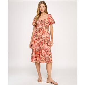 City Studio lace up sweetheart neckline puff sleeve midi dress L